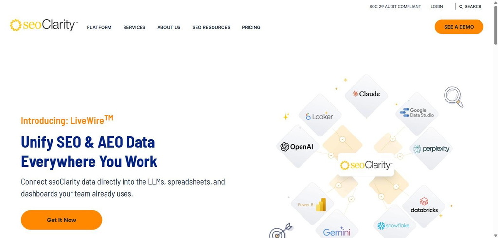 seoClarity homepage, keyword-level AI Overviews data and ArcAI Shopping