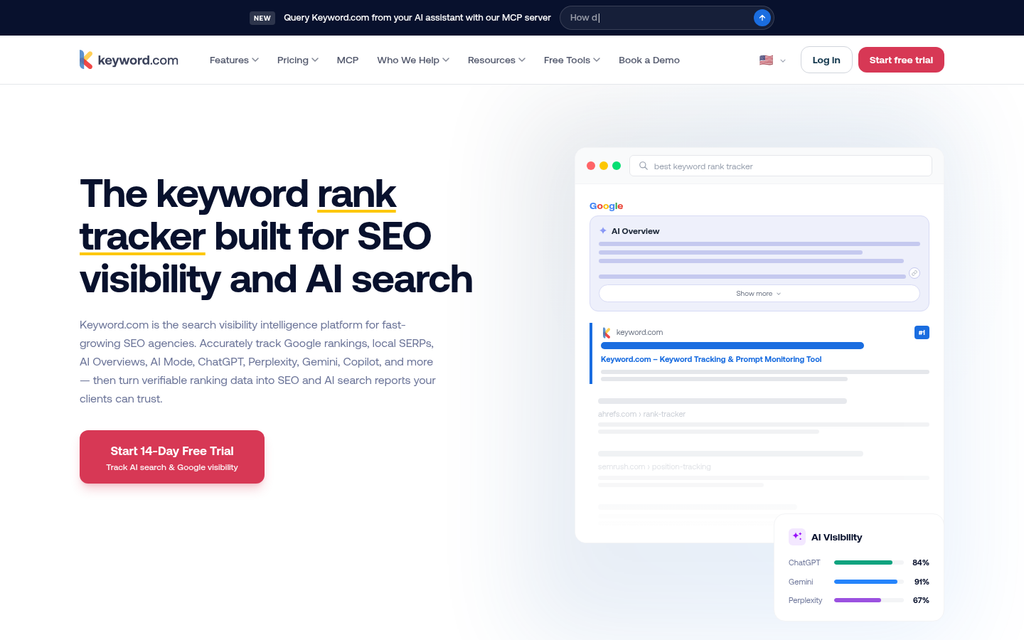 "Keyword.com homepage, keyword-level AI Overview checker with HTML snapshots